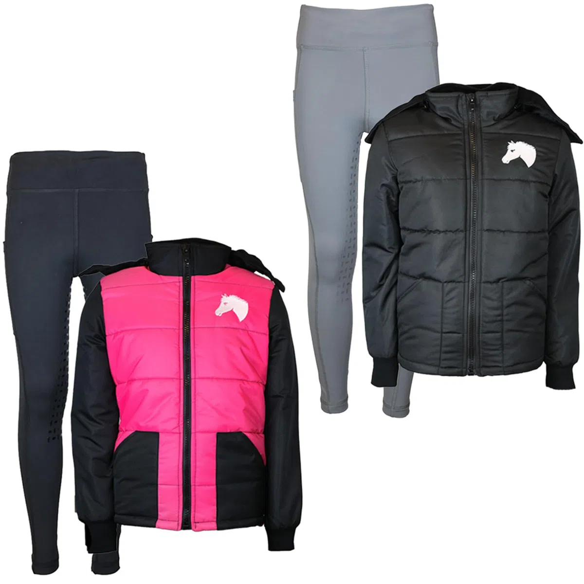 Reitset Kinder Reitjacke Mia schwarz gesteppt mit Silikon-Vollbesatz Reitleggings Grau