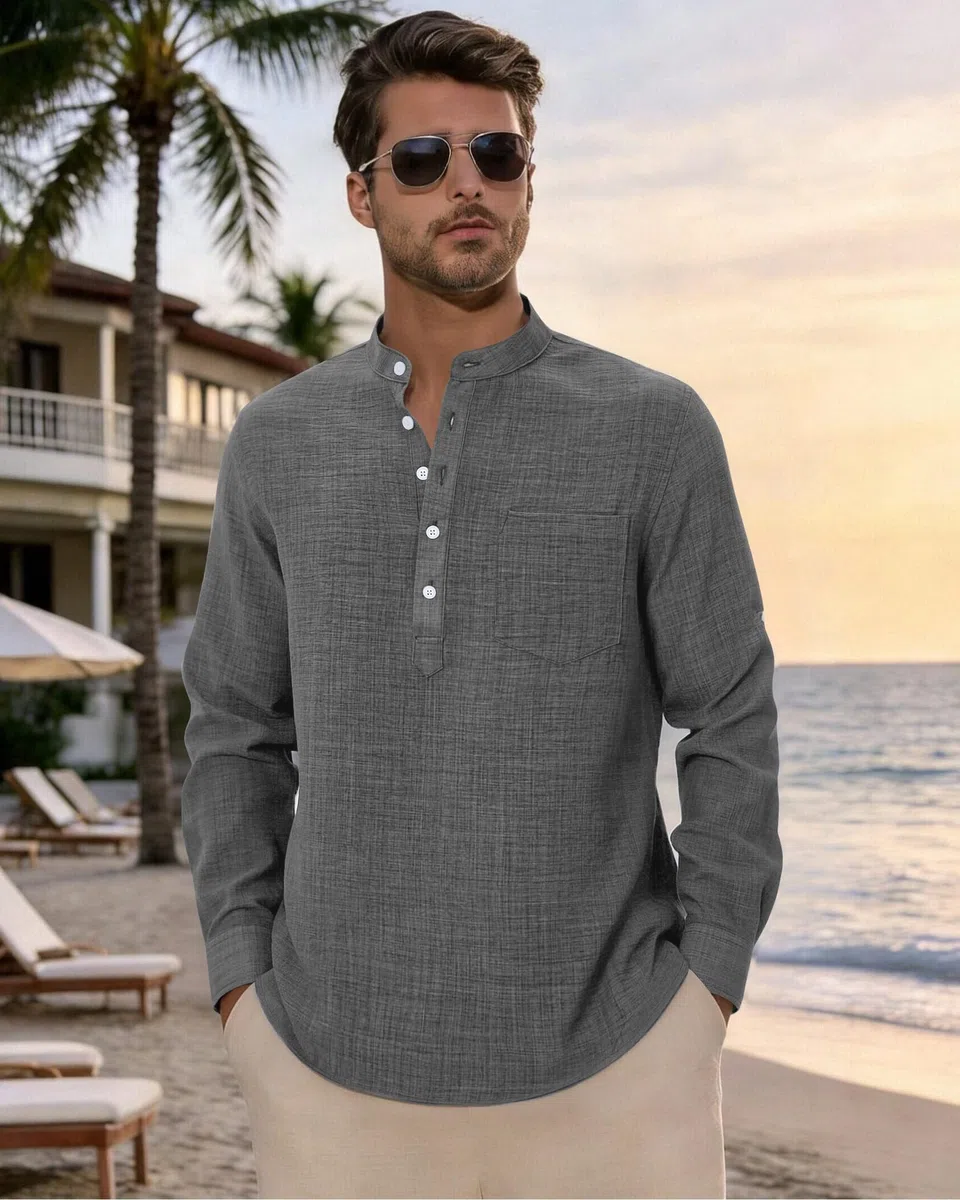Alimens & Gentle Leinenhemd Herren Langarm Hemden Henley Sommer Baumwolle Atmungsaktiv Strandhemd Freizeit Urlaub Herrenhemd