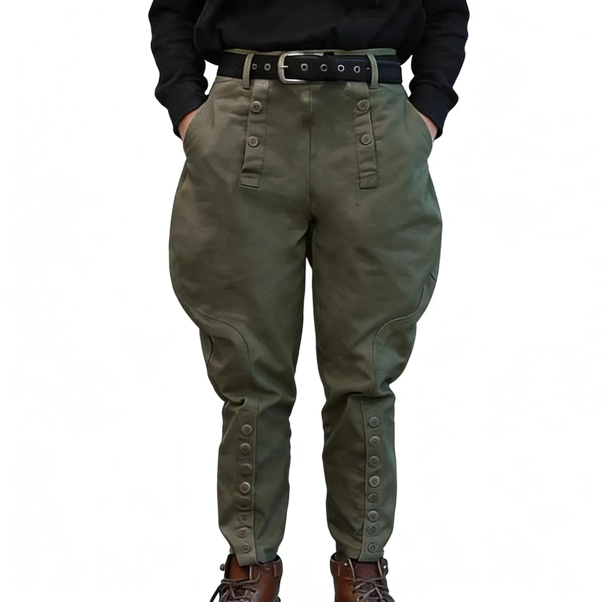Historic WWII-Style US Officer Cotton Breeches - Military Reproduction Khaki Reithose mit Knopf-Beinverschluss