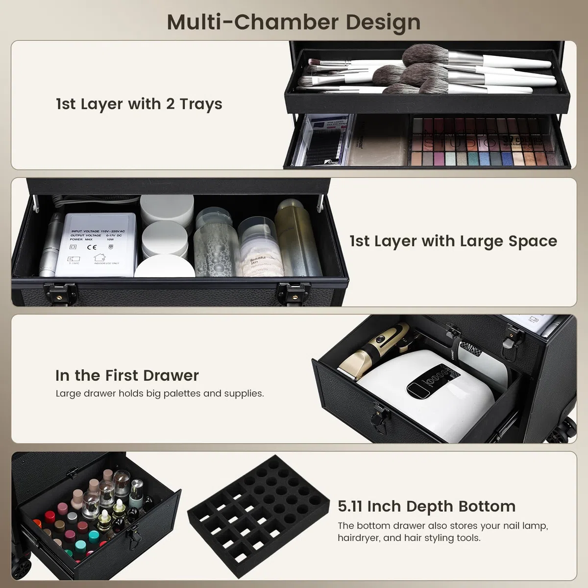 Kosmetikkoffer Kosmetik Trolley mit 2 Schubladen Friseurkoffer Groß Nageldesign Koffer Werkzugkoffer Ngaelkoffer Make up Koffer mit Rollen Schminkkoffer Abschließbarer,Schwarz