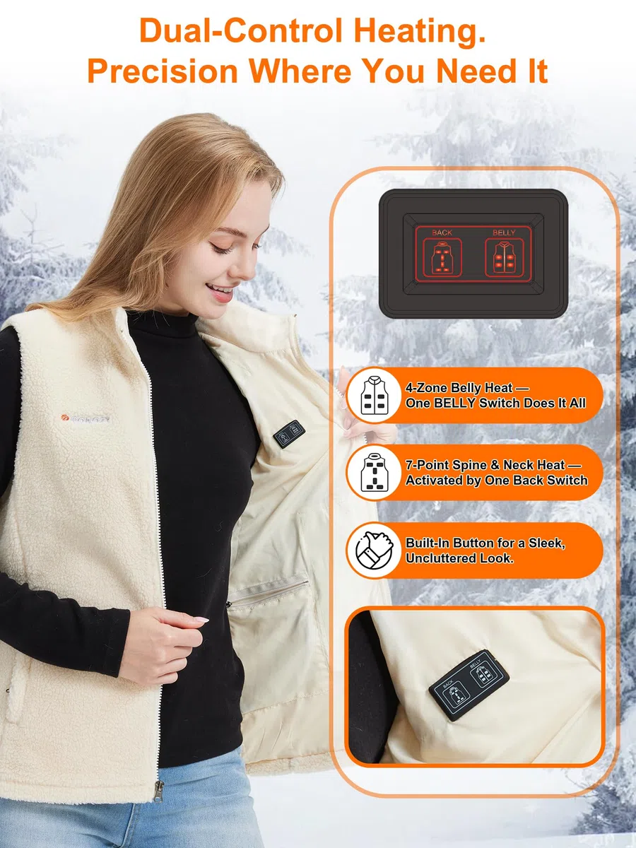 Gokozy Fleece Beheizbare Weste Damen mit 11 Heizzonen & 7.4V Akku,elektrische sherpa Heizweste Damen Kuschelige Wärmeweste Ideal für Herbst & Winter