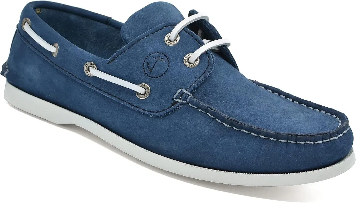 Seajure Trebaluger Bootsschuhe Herren Leder, Blau, Premium Segelschuhe, Mokassins, Slipper, Halbschuhe aus Echtleder Nubuk, rutschfeste Non Marking Gummisohle, handgefertigt in Portugal