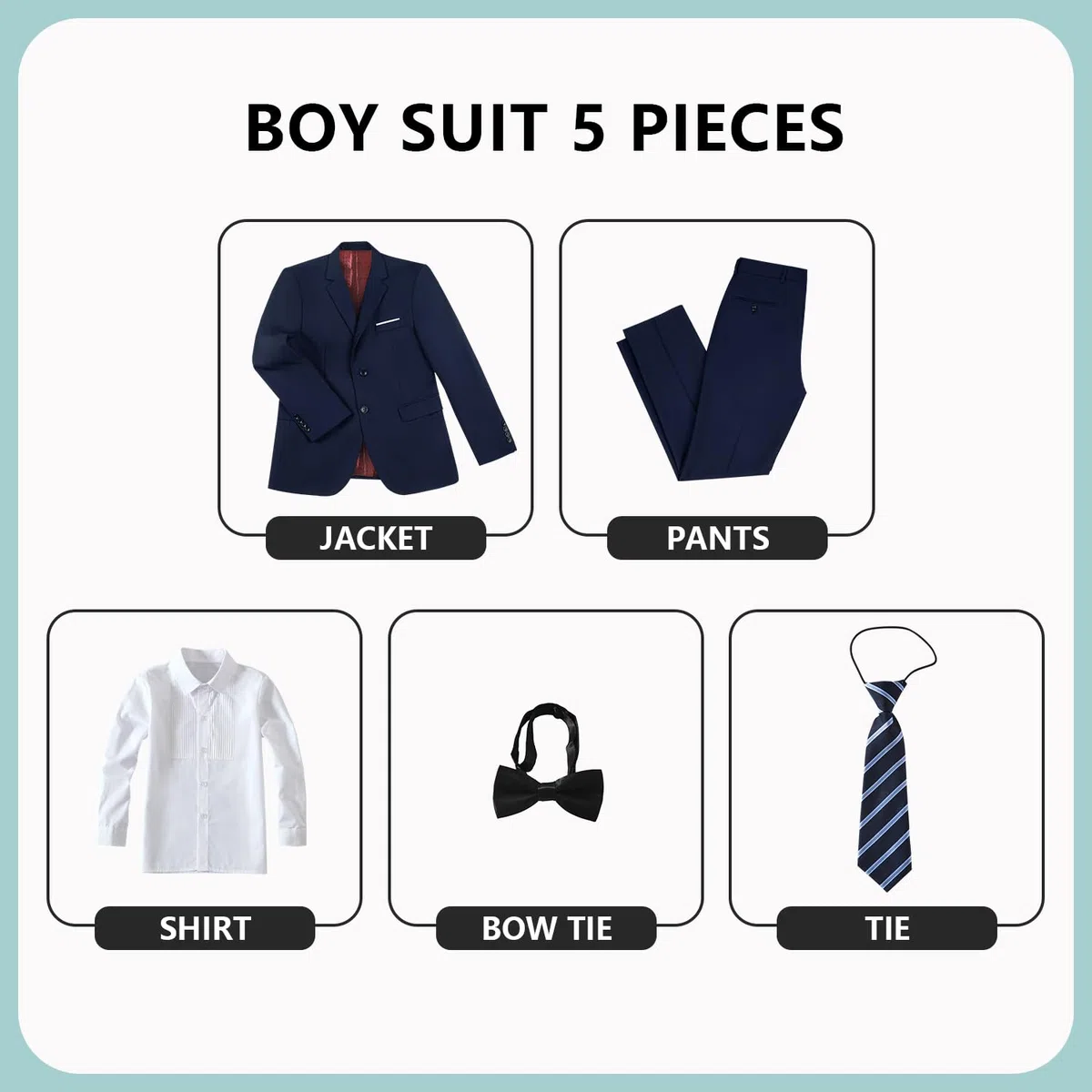 JPF Boys Formal Suits Slim Fit 5 Piece Kids Suit Jacket Pants Set with Dress Shirt and Tie for Wedding Prom