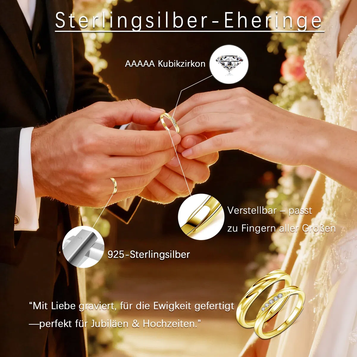 Damen & Herren Trauringe Paare Ringe, 925 Sterling Silber Offen Verstellbar Partnerringe Verlobungsring Hochzeitsring Band Ring mit Weiß Zirkonia, Geschenk für Ehefrau Mann Freundin Freund