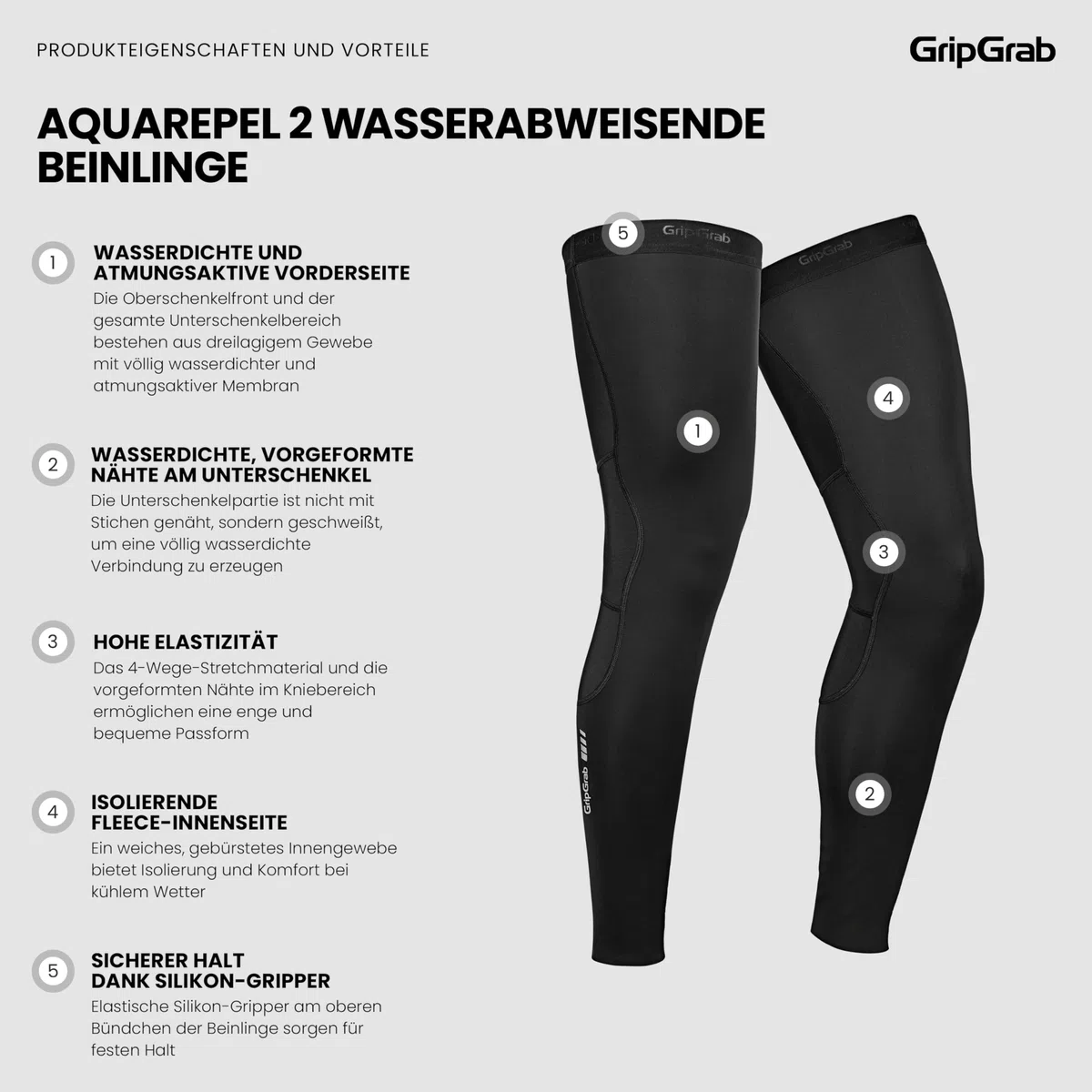 GripGrab AquaRepel 2 Wasserabweisende Radsport Beinlinge Softshell Winter | Dreilagige wasserdichte Membran, 4-Wege-Stretch, Fleece-Innenseite, Silikon-Gripper – Frühjahr & Herbst Beinwärmer
