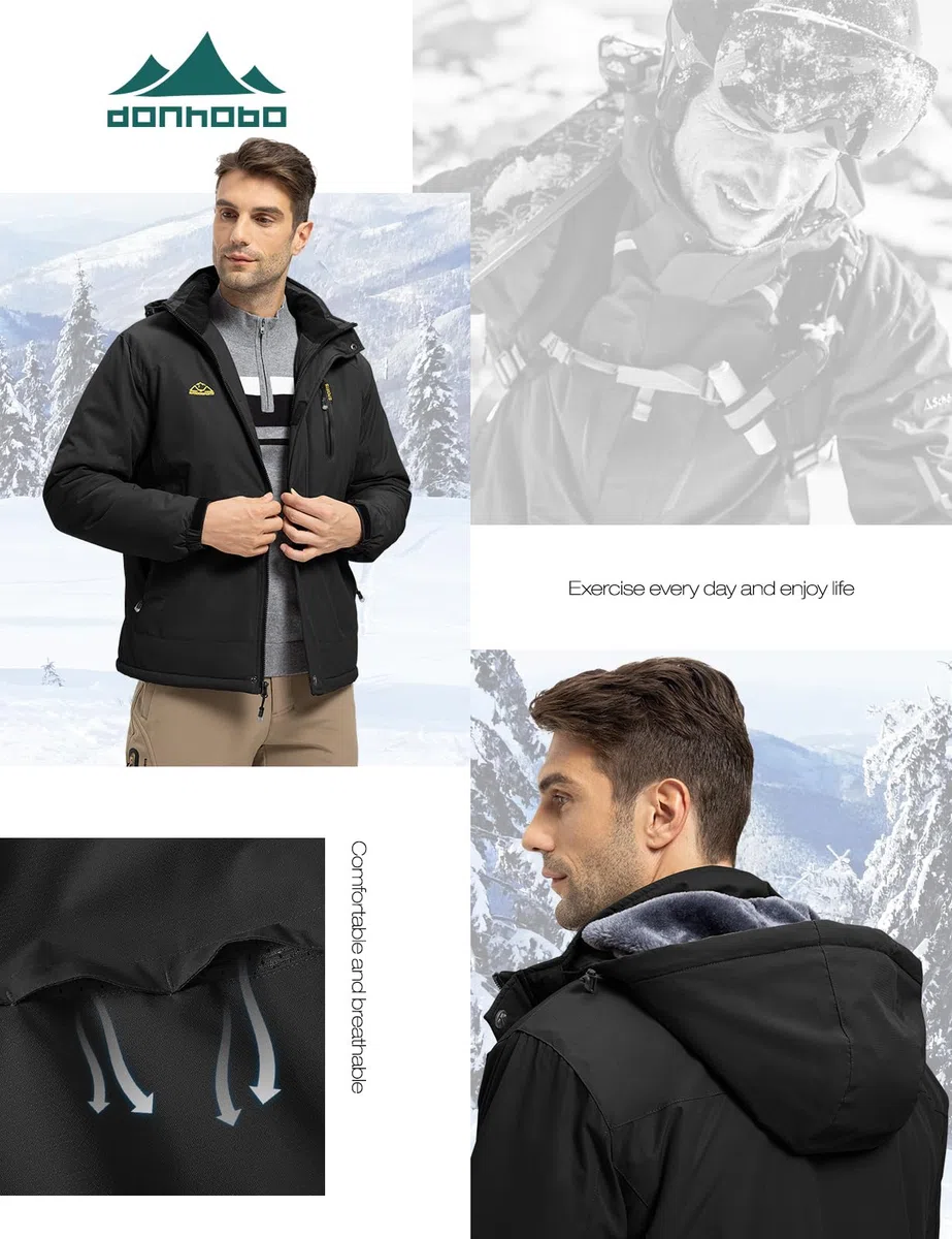 donhobo Herren Winter Skijacke Atmungsaktiv Warm Gefüttert Winterjacke Wasserdichte Winddichte Outdoor Verdickt Funktionsjacke mit Abnehmbarer Kapuze