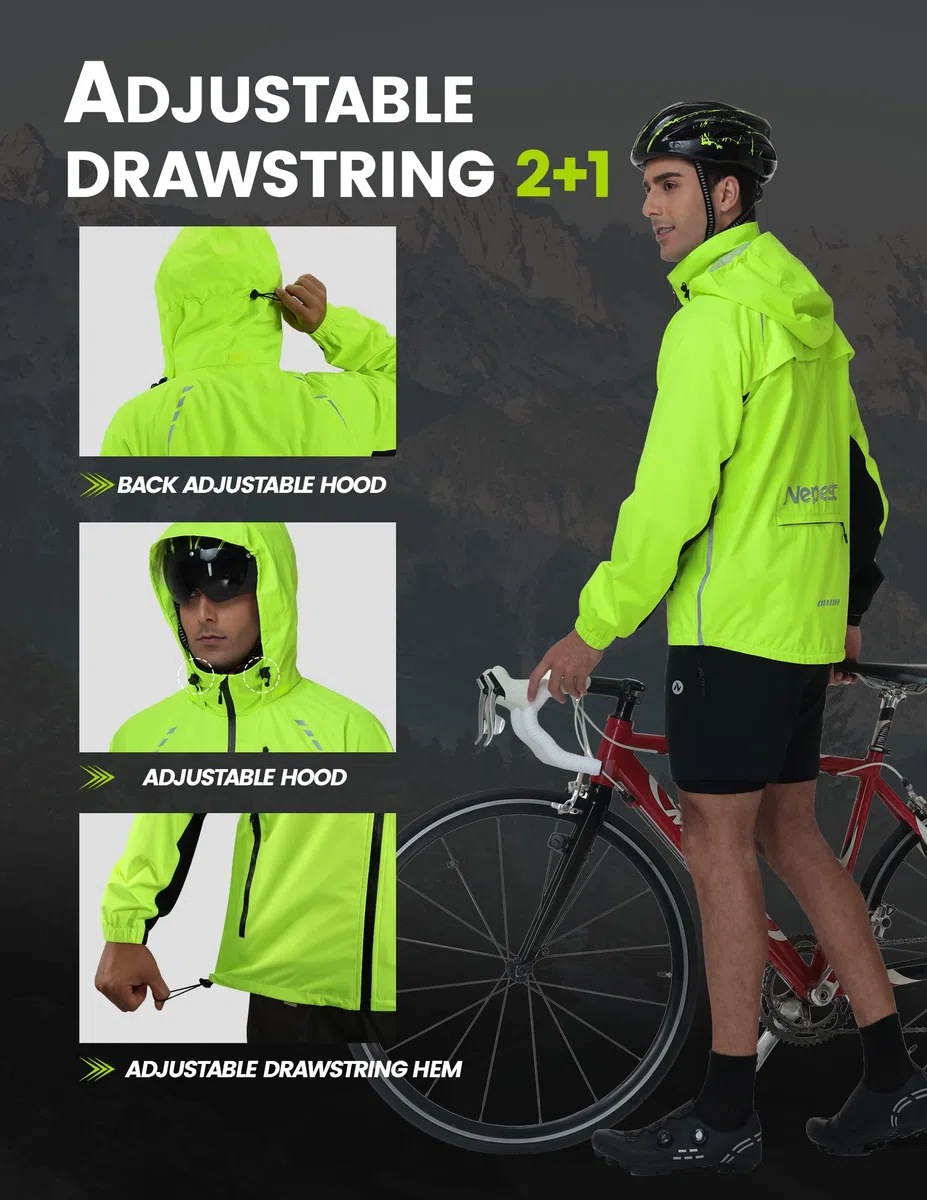 Nepest Fahrradjacke Herren Wasserdicht Atmungsaktiv, 10000mm Wassersäule + 5.000 g/m²/24hr Atmungsaktiv - 6 Taschen, Reflektierend UPF50+ Wanderjacke Windbreaker