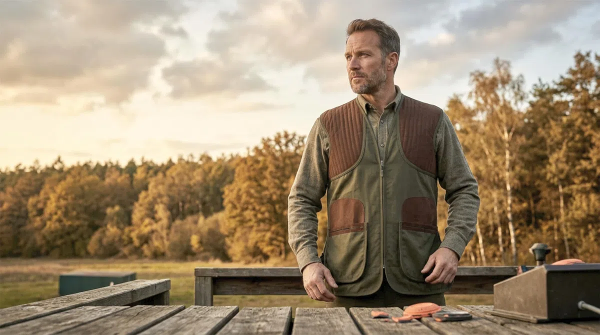 Schießweste Herren Classic Trap Skeet Jagdweste – Atmungsaktive Baumwolle mit Mesh Rücken, rutschfeste Schulterbesätze, große Fronttaschen & Rückentasche – Tontaubenschießen Schießstand Weste Grün