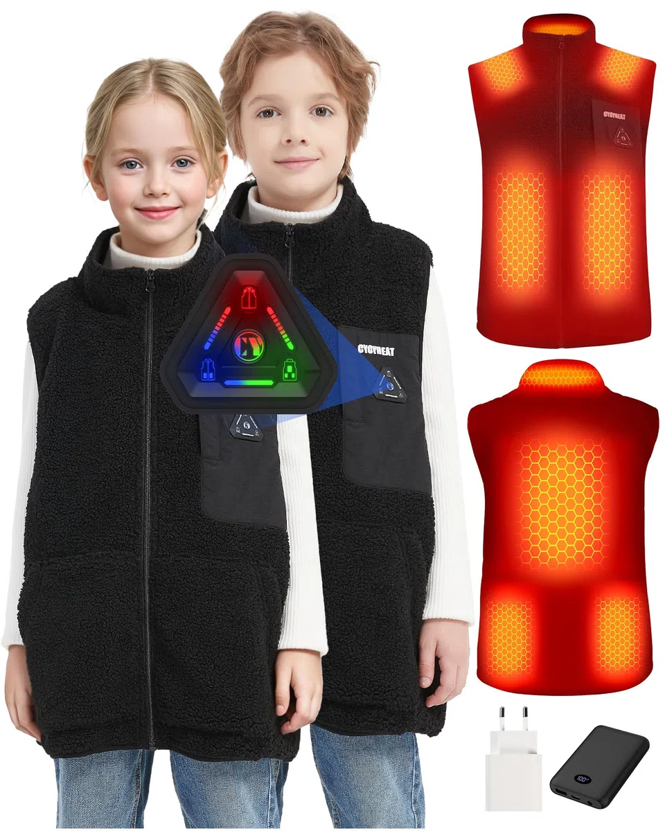 CYCYHEAT Fleece Heizweste Kinder – Beheizbare Weste für Jungen & Mädchen, Leichte Heizjacke mit 7,4V 10000mAh Akku & Verbesserte Heizelemente