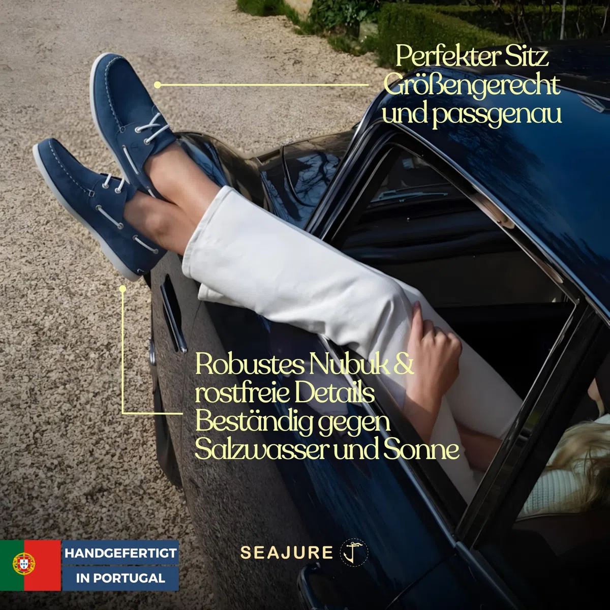 Seajure Trebaluger Bootsschuhe Herren Leder, Blau, Premium Segelschuhe, Mokassins, Slipper, Halbschuhe aus Echtleder Nubuk, rutschfeste Non Marking Gummisohle, handgefertigt in Portugal