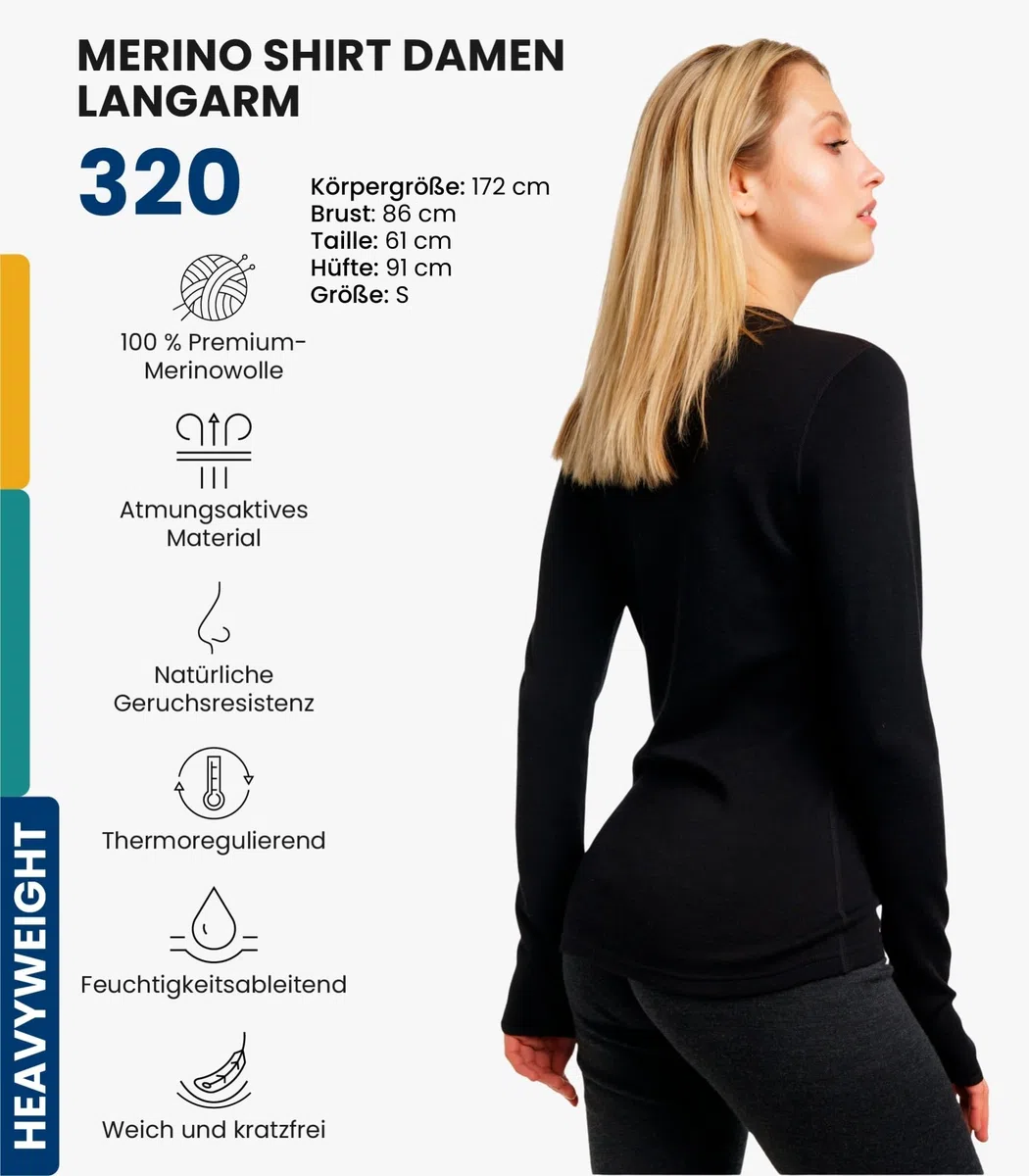 Merino.tech 100% Merino Shirt Damen Langarm + Wollsocken (X-Small, 320 Black)