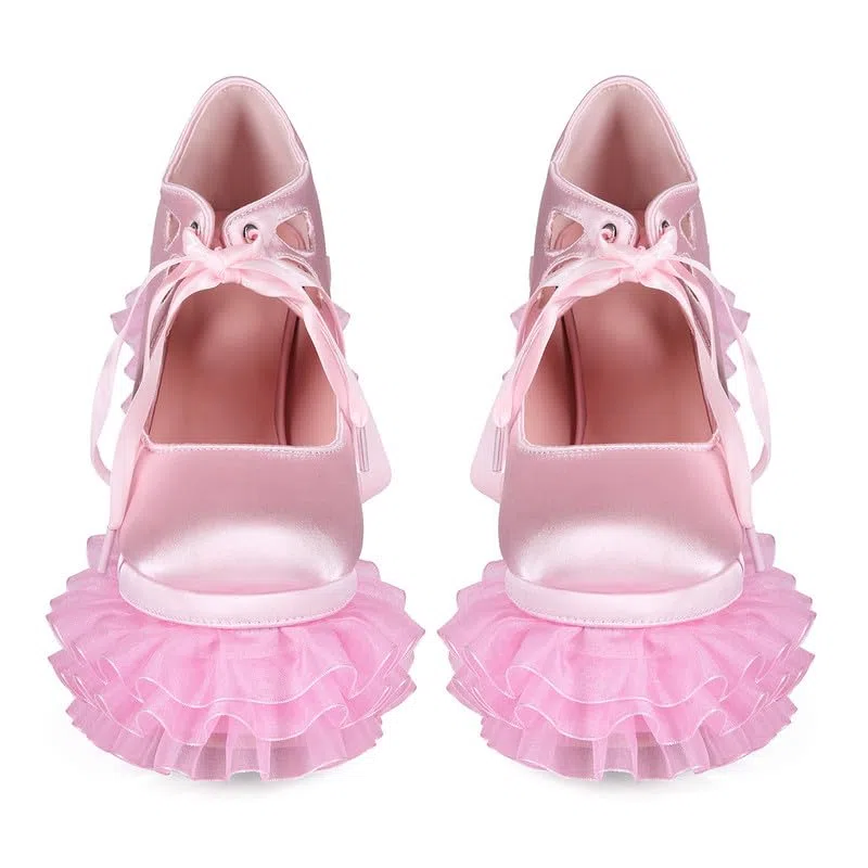 Lolita Plateaupumps für Damen Satin Schuhe mit Rüschenabsatz Schleife