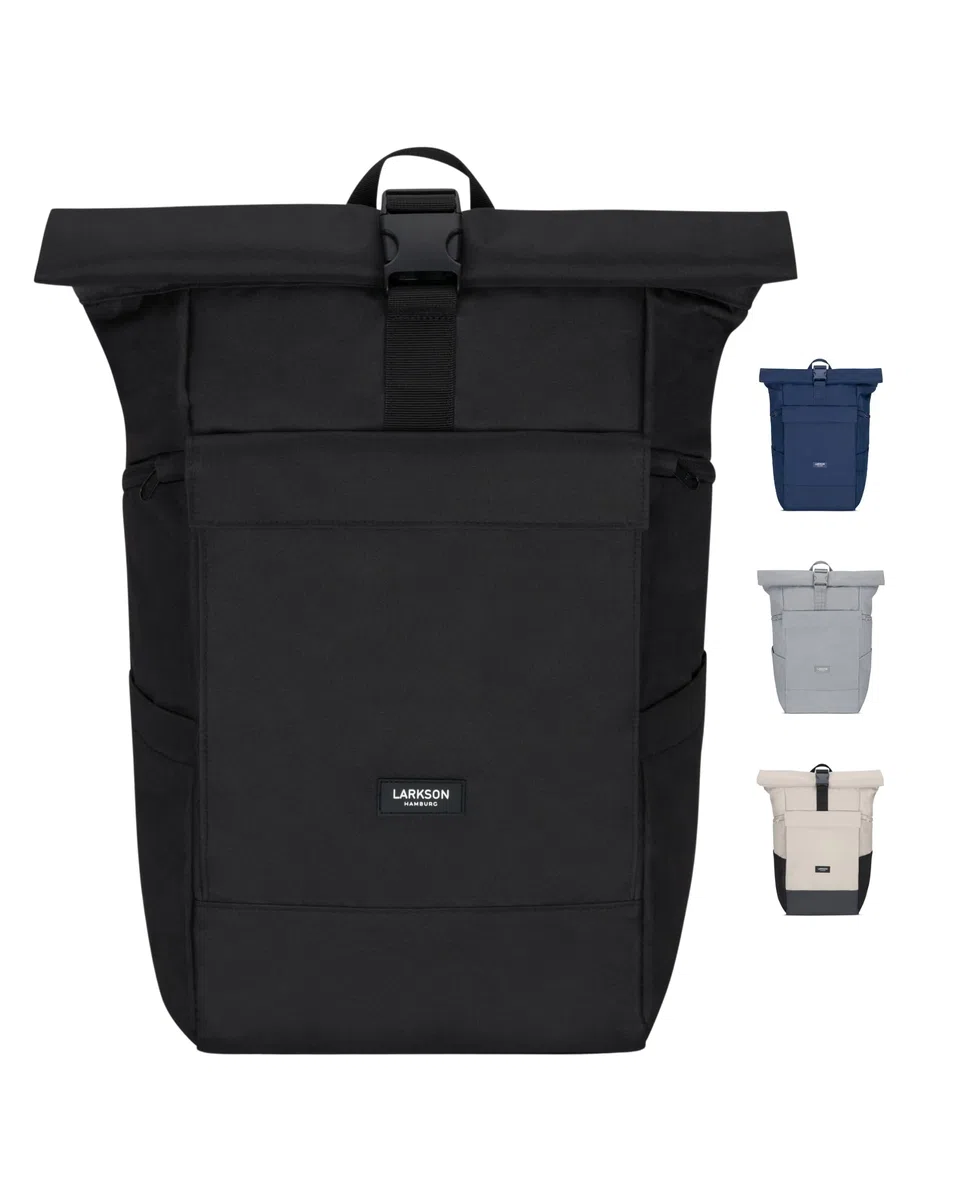 LARKSON Rucksack Damen & Herren Schwarz - No 4 Large - Rolltop Backpack 21 L mit 16 Zoll Laptopfach Uni, Arbeit & Fahrrad - Großer Reiserucksack mit Trolley Strap