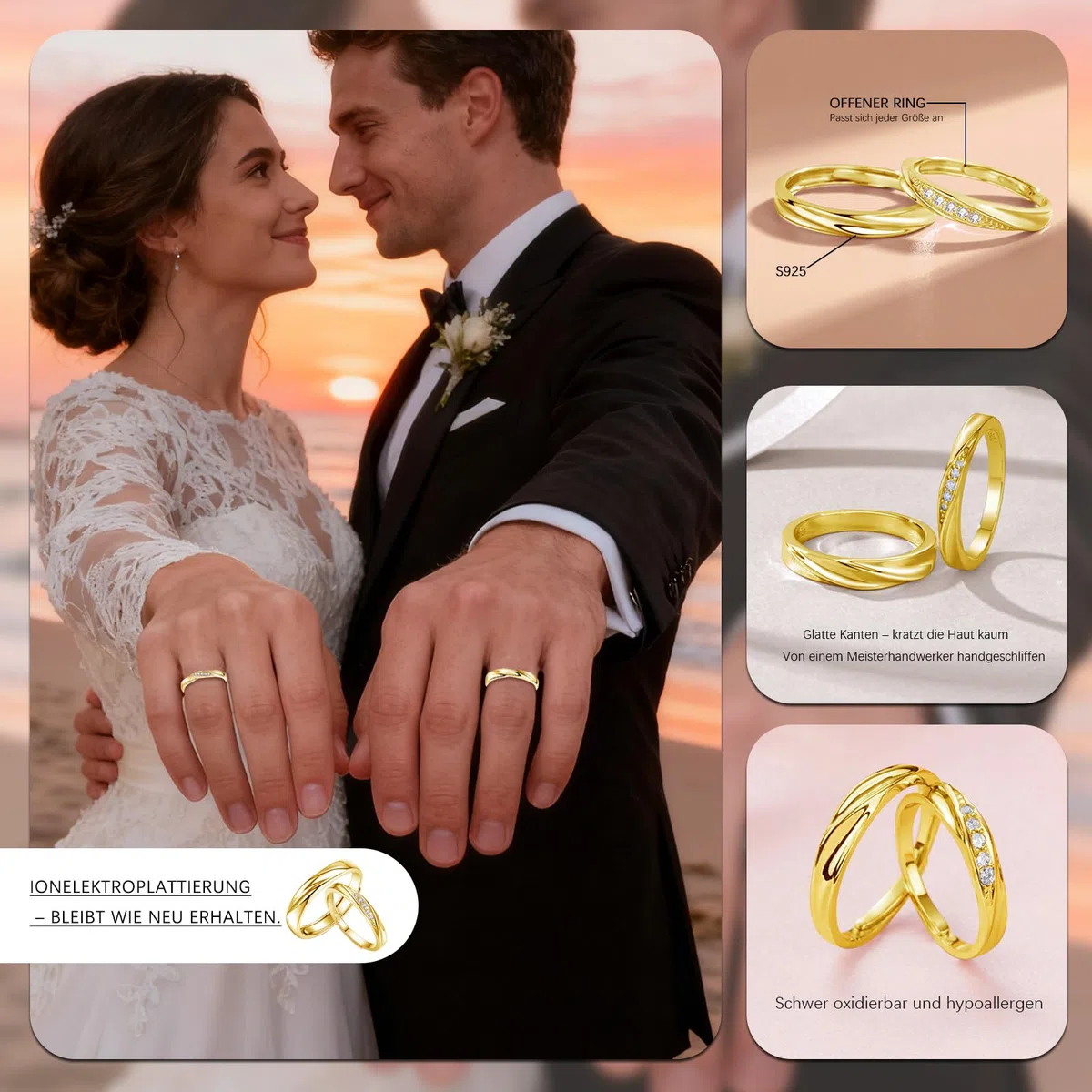Damen & Herren Trauringe Paare Ringe, 925 Sterling Silber Offen Verstellbar Partnerringe Verlobungsring Hochzeitsring Band Ring mit Weiß Zirkonia, Geschenk für Ehefrau Mann Freundin Freund