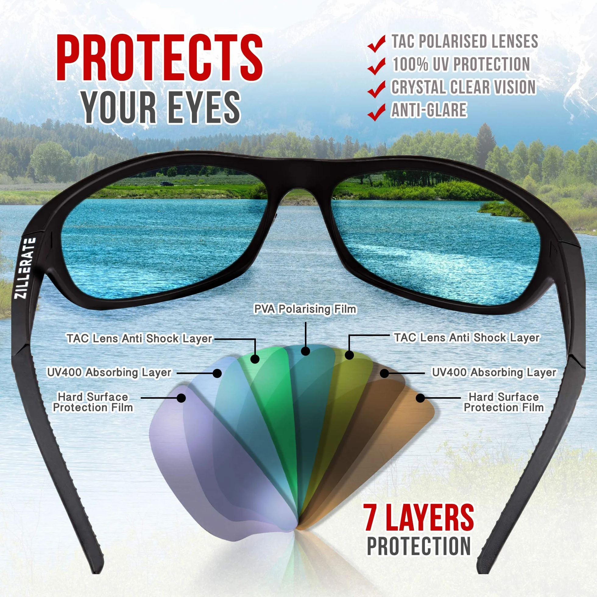 ZILLERATE Polarisierte Sport-Sonnenbrille für Herren und Damen, zum Fahren Radfahren Golf Fischen Laufen Segeln Skifahren, UV400-Schutz, Leichter, langlebiger TR90-Rahmen, Hartschalen-Etui