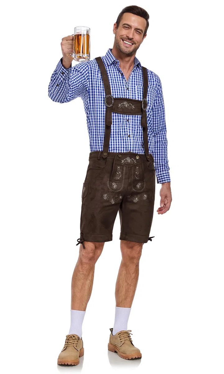 AMZHOTER Lederhose Herren Tracht Oktoberfest Trachtenhose Trachtenlederhosen Kurz Lederhosen Mann Braun bayrische Trachten Hose Trachtenmode mit Hosenträger Hellbraun Dunkelbraun