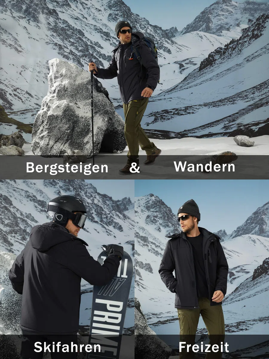 CAVVA Herren Skijacke Gefüttert Winterjacke Wasserdicht Snowboardjacke Fleece Arbeitsjacke Mit Abnehmbarer Kapuze