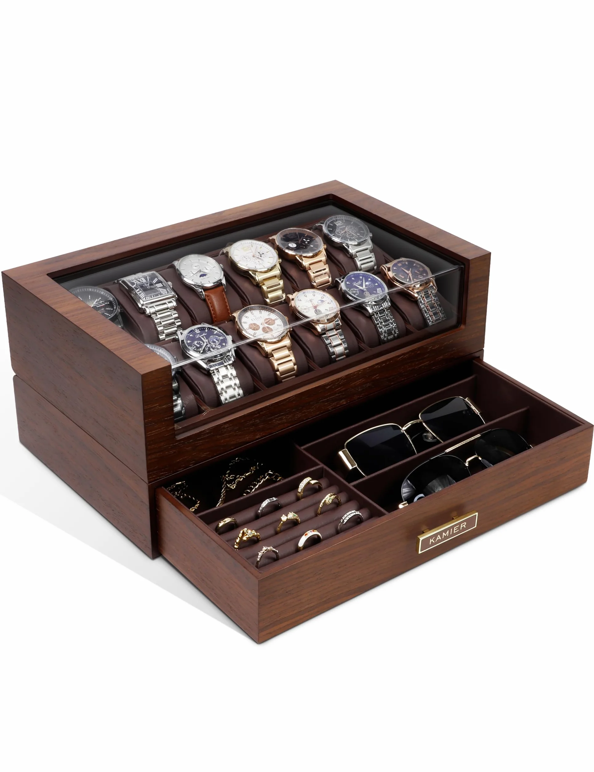 KAMIER Uhrenbox Herren mit 12 Fächern, Luxuriöse Groß Echtholz Watch Box 2 Ebenen, Uhrenkasten mit herausnehmbaren Uhrenkissen und Schublade, Premium Uhrenkoffer mit Glasdecekel (mit Geschenkbox)