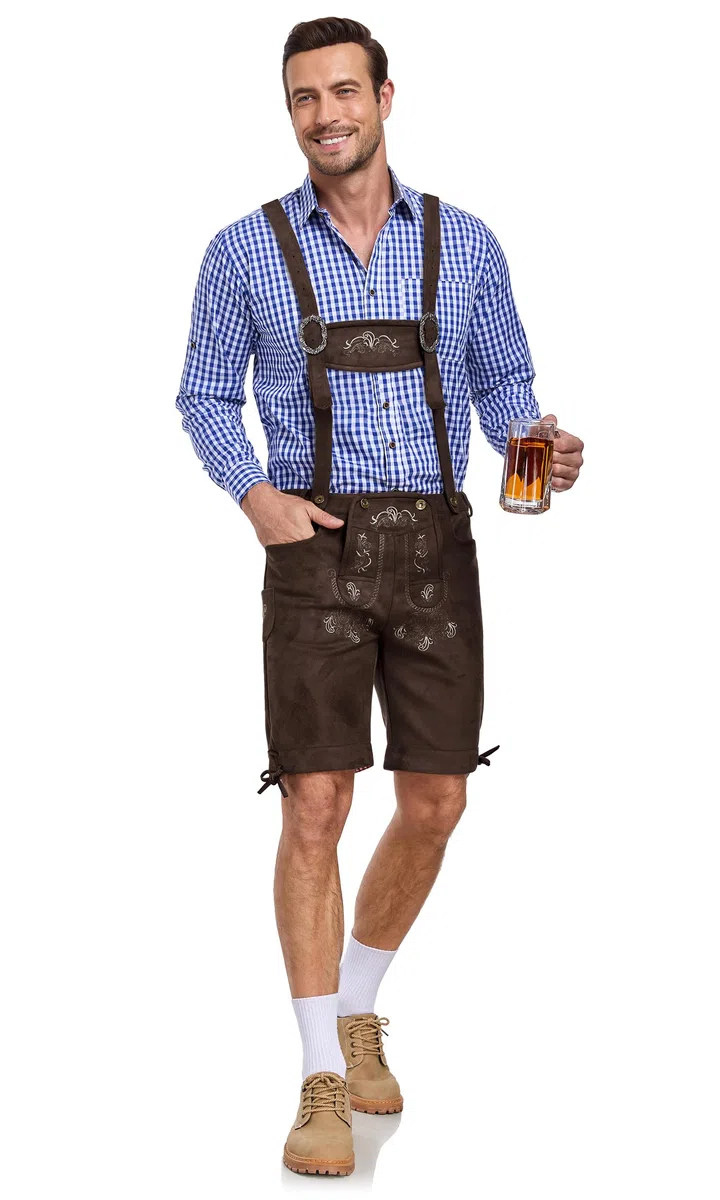 AMZHOTER Lederhose Herren Tracht Oktoberfest Trachtenhose Trachtenlederhosen Kurz Lederhosen Mann Braun bayrische Trachten Hose Trachtenmode mit Hosenträger Hellbraun Dunkelbraun