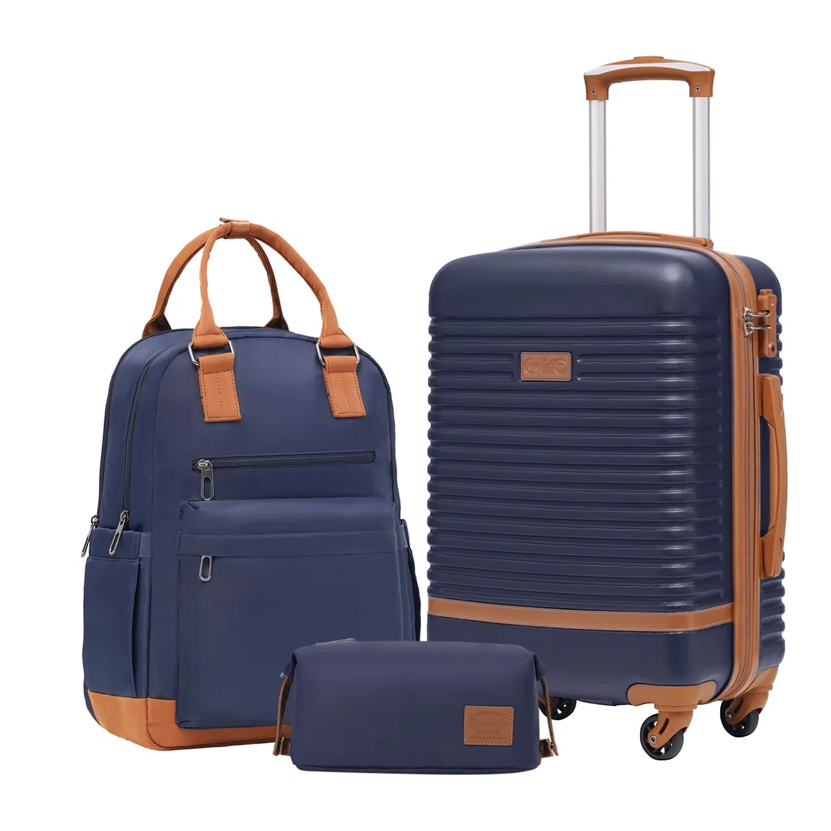 COOLIFE Koffer Trolley Koffer Reisekoffer von ABS Hartschalen Trolley 4 Rollen TSA-Schloss Der Koffer Enthält 1 Reiserucksack und 1 Kulturbeutel (Blau/Braun, Handgepäck-Set 3tlg)