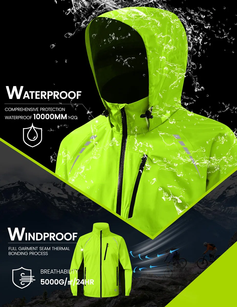 Nepest Fahrradjacke Herren Wasserdicht Atmungsaktiv, 10000mm Wassersäule + 5.000 g/m²/24hr Atmungsaktiv - 6 Taschen, Reflektierend UPF50+ Wanderjacke Windbreaker