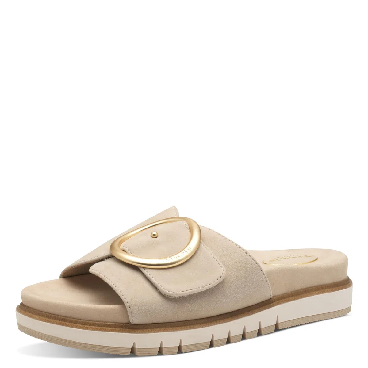 Tamaris Damen Wide Fit Pantoletten flach mit Klettverschluss und Schnalle