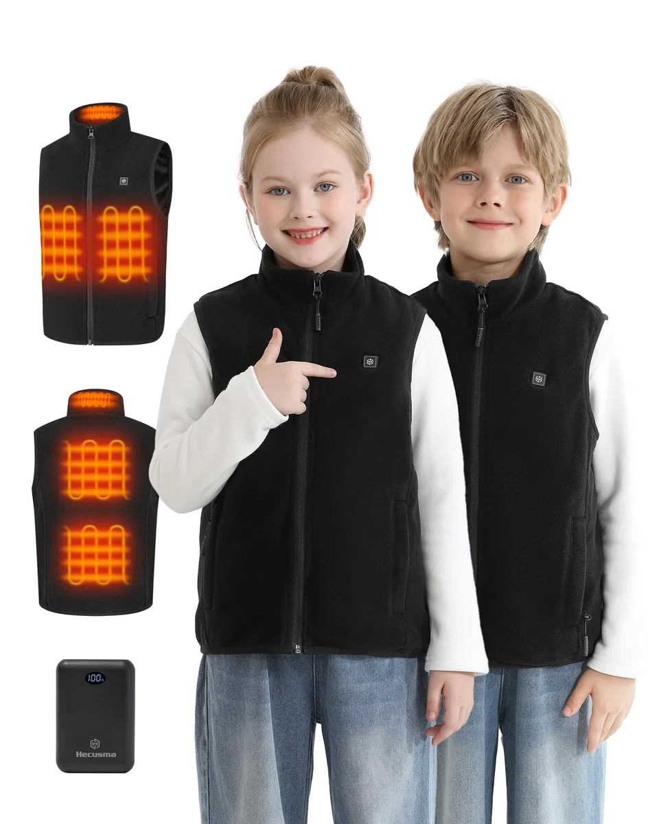 Unisex Fleece Heizweste Kinder mit powerbank 12000 mAh 7.4 V, Beheizbare Weste Jungen und Mädchen mit 5 Heizzone, Heizweste Kinder für Winter Outdoor-Oberteil Leichte - L