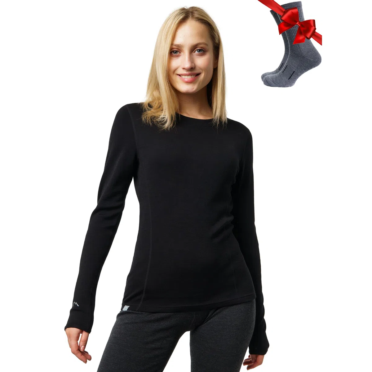Merino.tech 100% Merino Shirt Damen Langarm + Wollsocken (X-Small, 320 Black)
