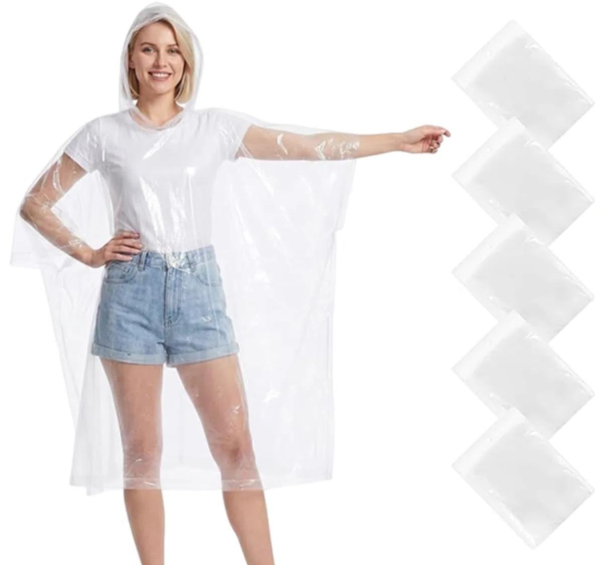 5 Stück Einweg Regenponcho Regencape, Transparent Regencape für Damen Herren, Regen Poncho mit Kapuze, Regenponcho Wasserdicht Geeignet für Camping Radfahren Wandern