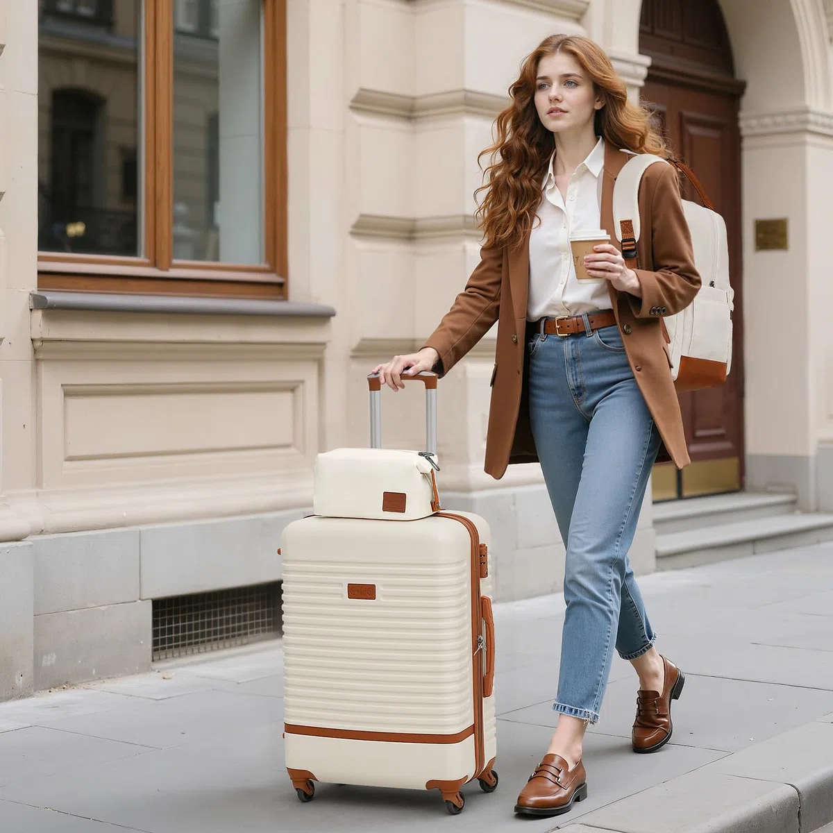 COOLIFE Koffer Trolley Koffer Reisekoffer von ABS Hartschalen Trolley 4 Rollen TSA-Schloss Der Koffer Enthält 1 Reiserucksack und 1 Kulturbeutel (Blau/Braun, Handgepäck-Set 3tlg)
