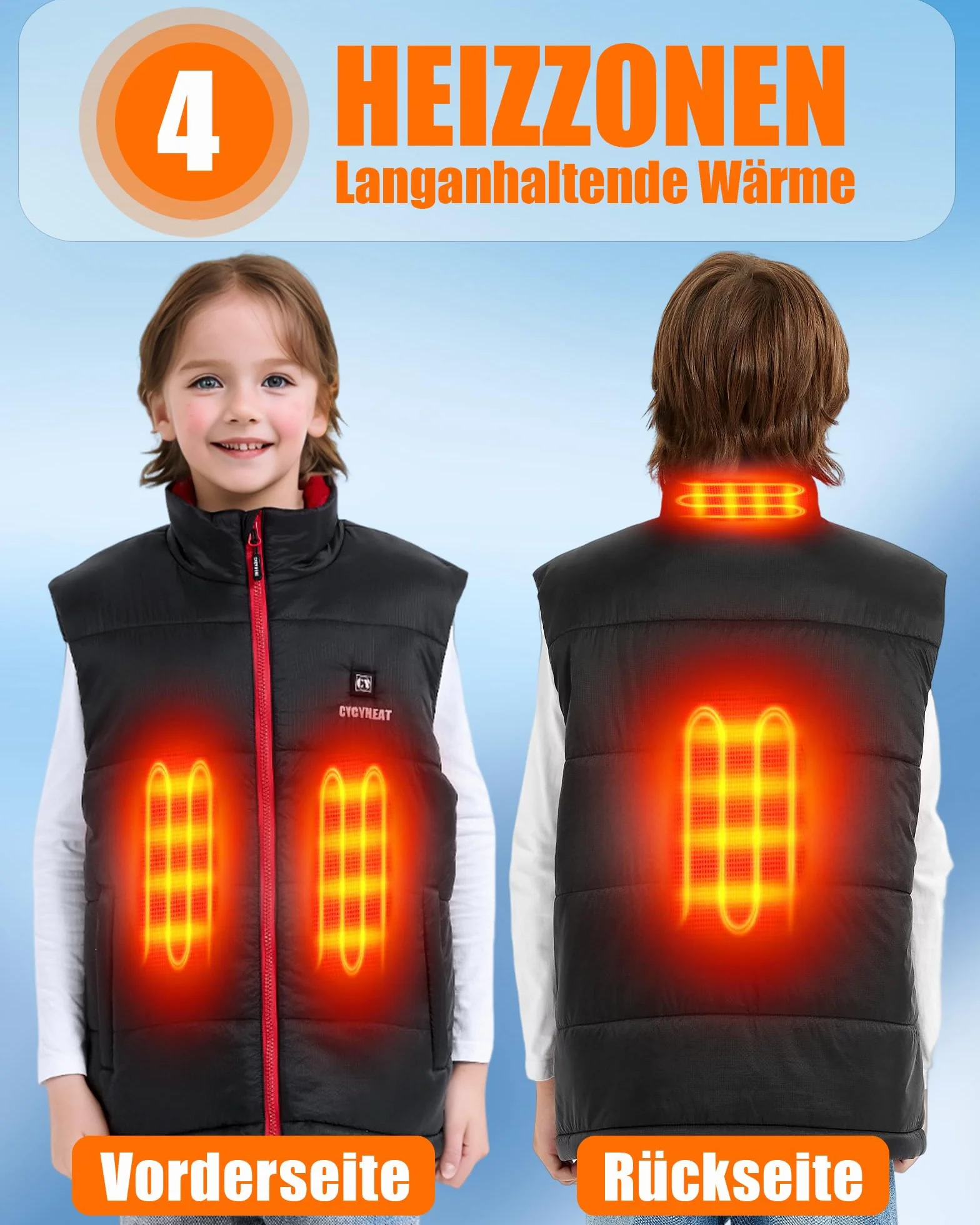 Beheizbare Weste Kinder mit Powerbank 10000mAh 7,4V - Heizweste für Jungen und Mädchen Mantel, Wiederaufladbare Warmende weste Beheizbare Kleidung zum Skifahren mit 3 Heizzone und 3 Stufen Temperatu