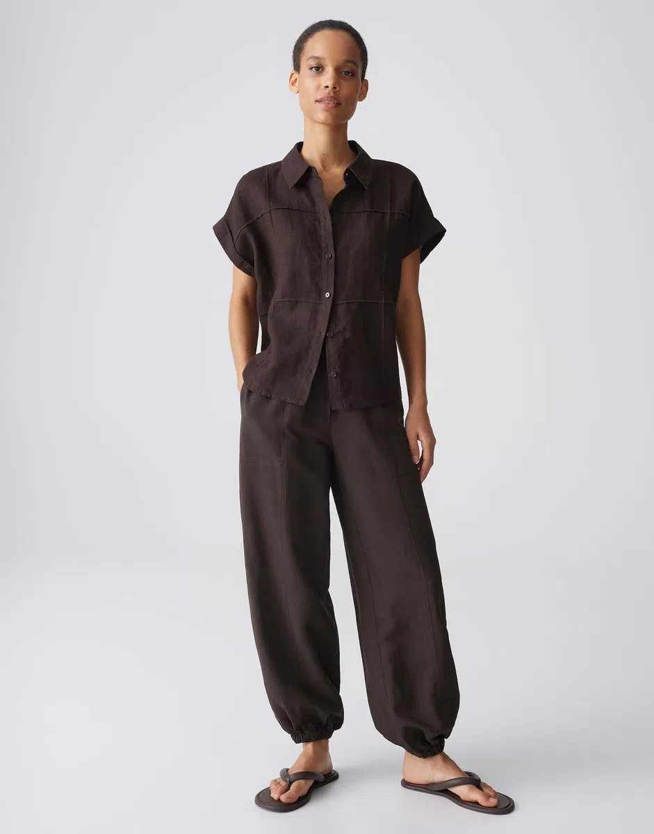 OPUS Damen Kurzarmbluse | Leinenbluse mit dreidimensionalen Karo Regular Fit
