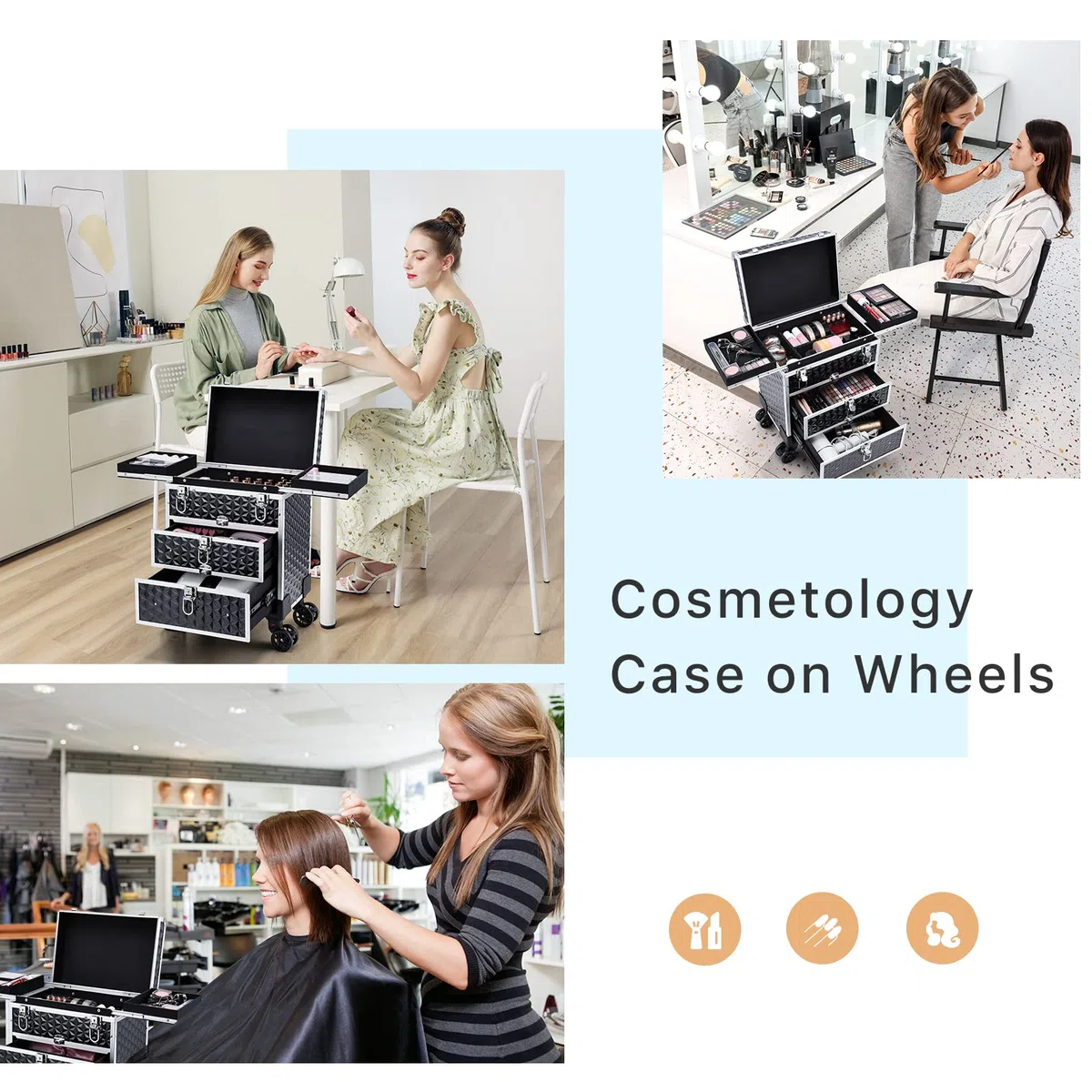 Kosmetik Trolley mit 2 Schublade Kosmetikkoffer Trolley Friseurkoffer mit Rollen Make up Koffer Schminkkoffer Nagelkoffer Abschließbare Beauty Case,Schwarz