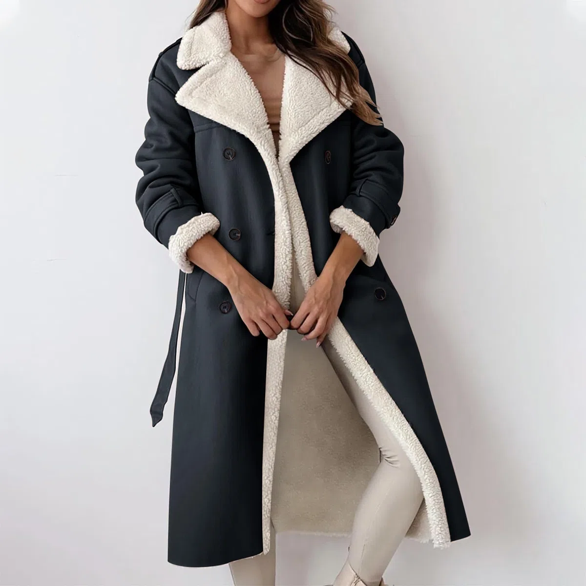 Ansenesna Lederjacke Damen Lang Gefüttert Winterjacke Damen Leder Warm Innenfutter Wintermantel Elegant Lederoptik Trenchcoat Mit Gürtel Zweireihig Mantel Frauen Winter Kunstleder Ledermantel