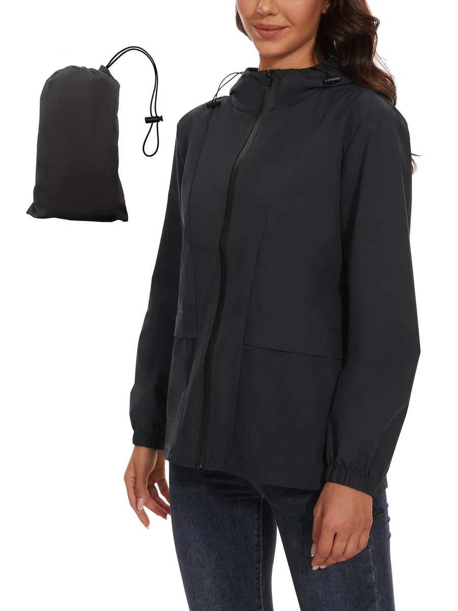 Damen Wasserdichte Faltbar Regenjacke mit Kapuze Reflektierende Fahrradjacke für die Nacht Leicht Wasserdicht Windbreaker Jacke