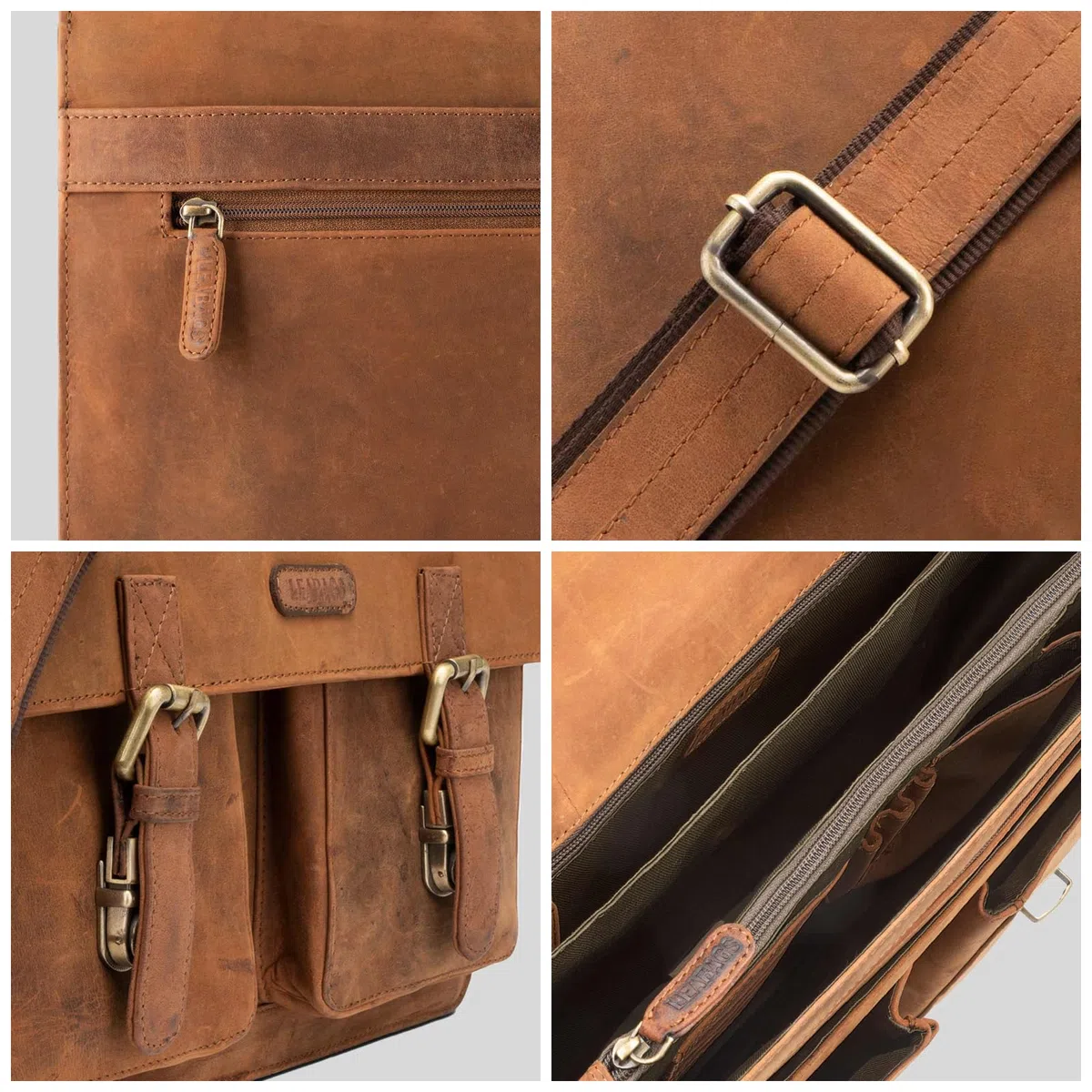LEABAGS Leder Aktentasche Herren & Damen I Echtleder Laptoptasche bis 15 Zoll I Umhängetasche mit Schultergurt I Schultertasche I Messenger Bag I Arbeitstasche I Lehrertasche