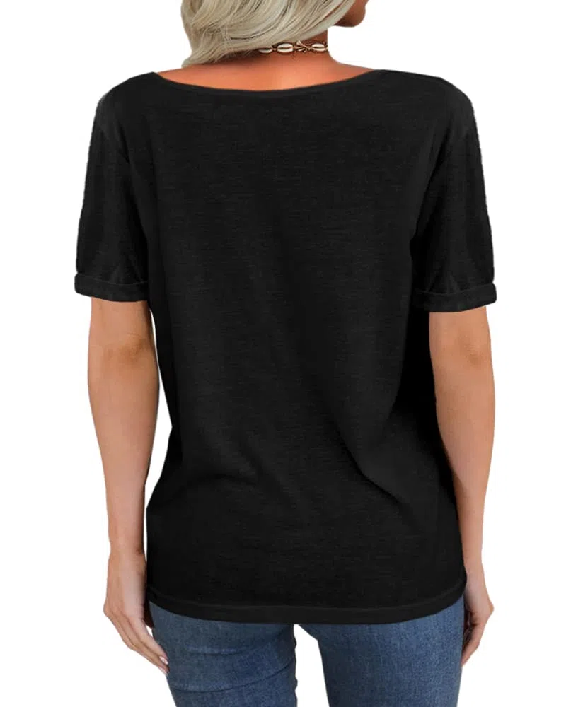 Tankaneo Damen Mode tief V-Ausschnitt Kurze Ärmel Tops Solide Lässig Lose Basic T Shirt