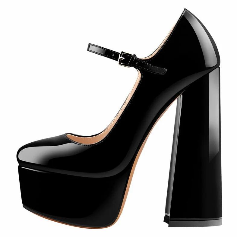blingqueen Damen Plateau Pumps Mary Jane High Heels mit Blockabsatz Riemchenpumps mit Schnalle Lack