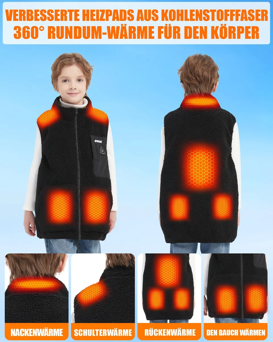CYCYHEAT Fleece Heizweste Kinder – Beheizbare Weste für Jungen & Mädchen, Leichte Heizjacke mit 7,4V 10000mAh Akku & Verbesserte Heizelemente