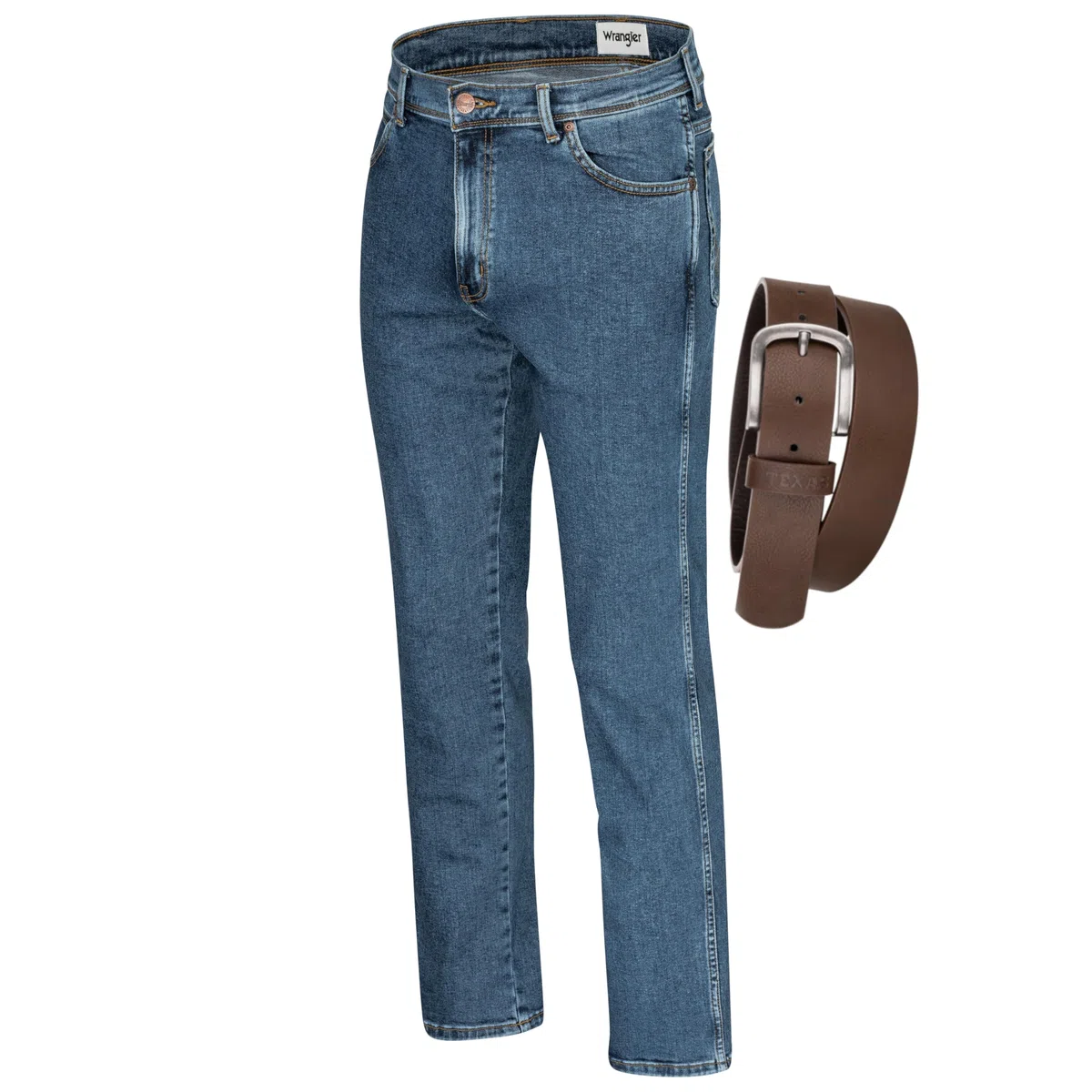 Wrangler Texas Herren-Stretchjeans Regular Fit Authentic Straight in verschiedenen Waschungen mit Gürtel in schwarz oder braun