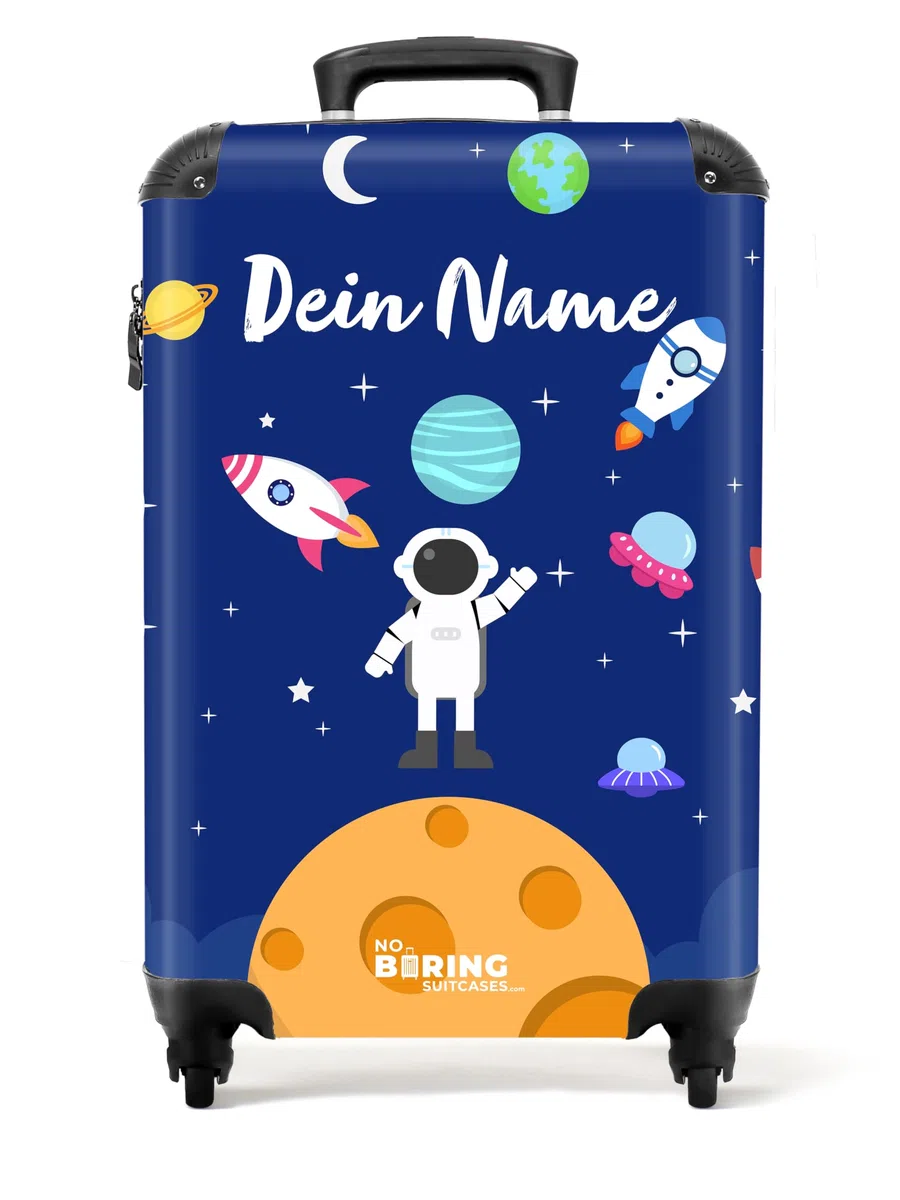 NoBoringSuitcases.com Kinderkoffer, Reisekoffer Personalisiert, Kinderkoffer Jung, Kindertrolley, Handgepäck 55x40x20 cm (Astronaut - Dunkelblau)