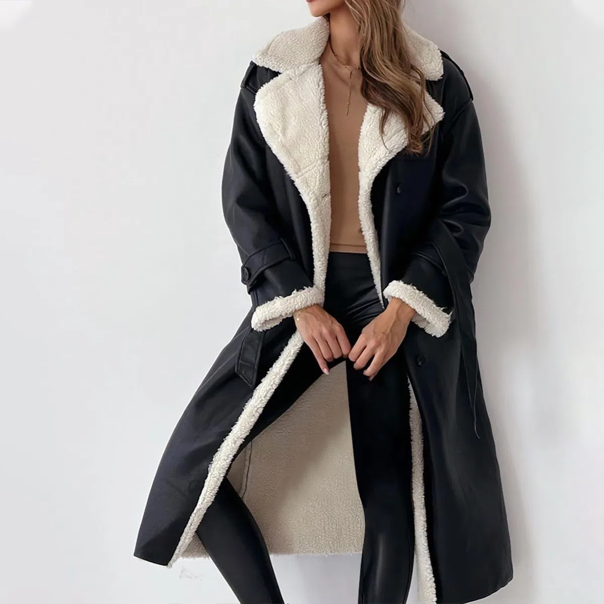 Ansenesna Lederjacke Damen Lang Gefüttert Winterjacke Damen Leder Warm Innenfutter Wintermantel Elegant Lederoptik Trenchcoat Mit Gürtel Zweireihig Mantel Frauen Winter Kunstleder Ledermantel
