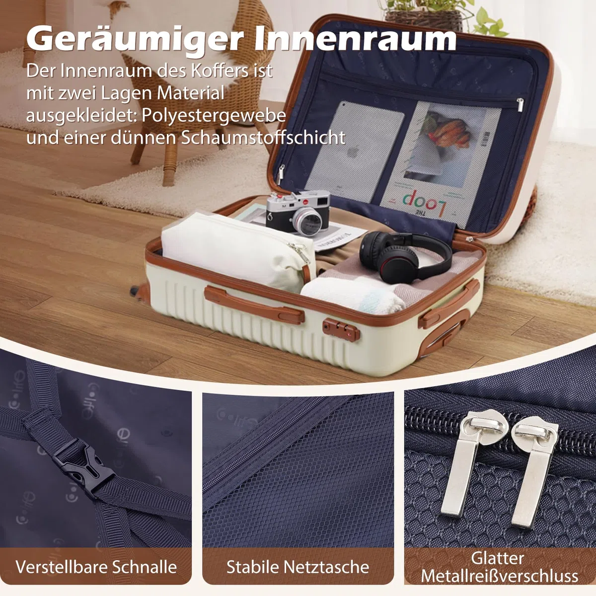 COOLIFE Koffer Trolley Koffer Reisekoffer von ABS Hartschalen Trolley 4 Rollen TSA-Schloss Der Koffer Enthält 1 Reiserucksack und 1 Kulturbeutel (Blau/Braun, Handgepäck-Set 3tlg)