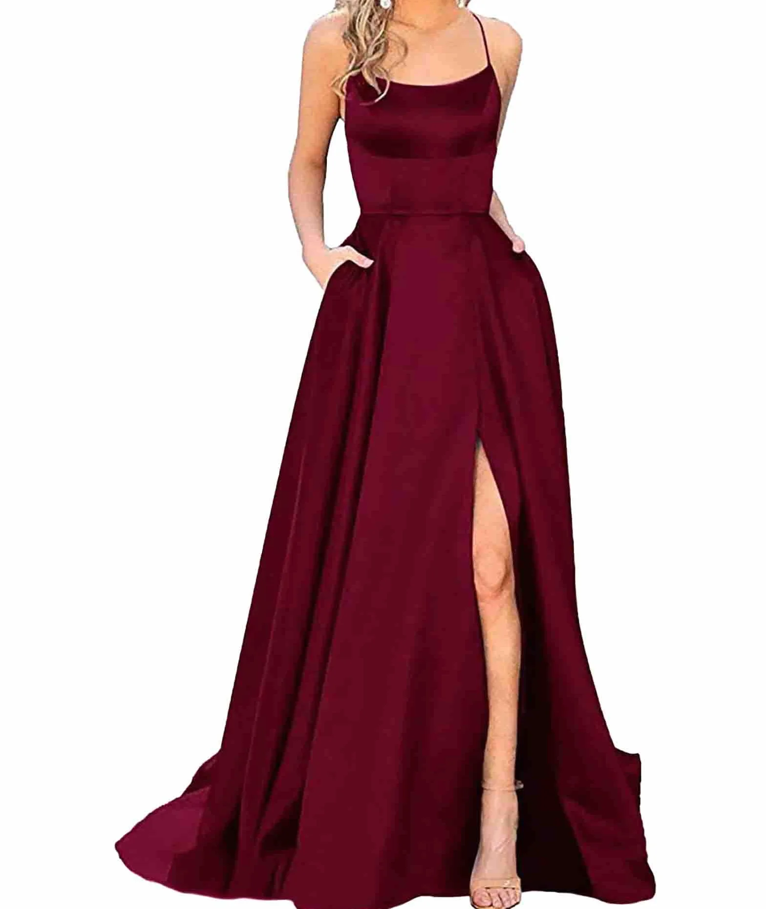 xxxiticat Damen Elegant Lange Ballkleider mit Taschen Satin A-Linie Backless Hochzeitskleid Abendkleider Sexy Neckholder Spaghetti Brautkleid Kleider Lang Prinzessin Brautjungfer Kleid