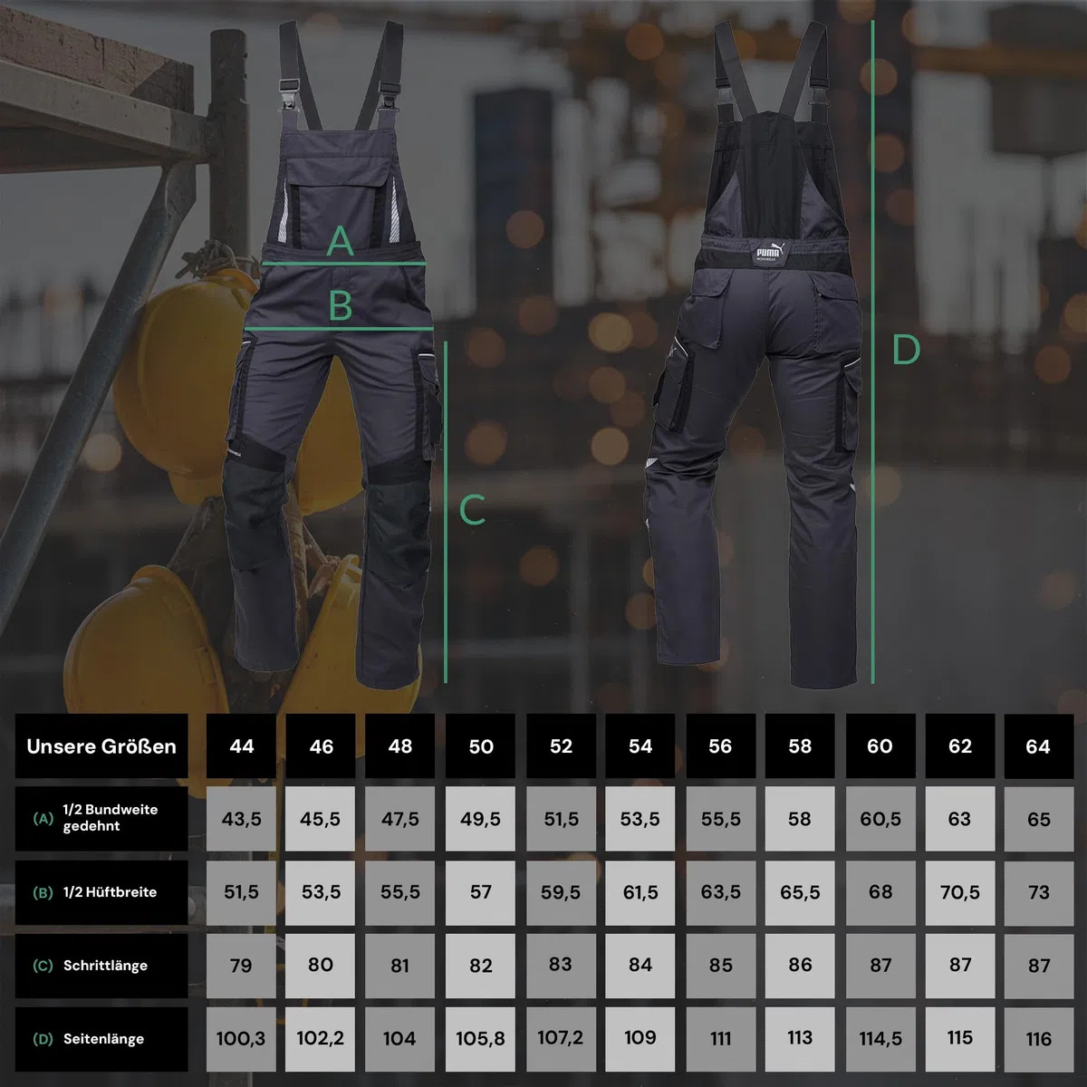 PUMA Workwear Latzhose Herren mit Multifunktionstaschen - Arbeitshose mit verstärktem Nylon Gewebe - Berufsbekleidung für Mechaniker, Handwerker, Elektriker und viele mehr
