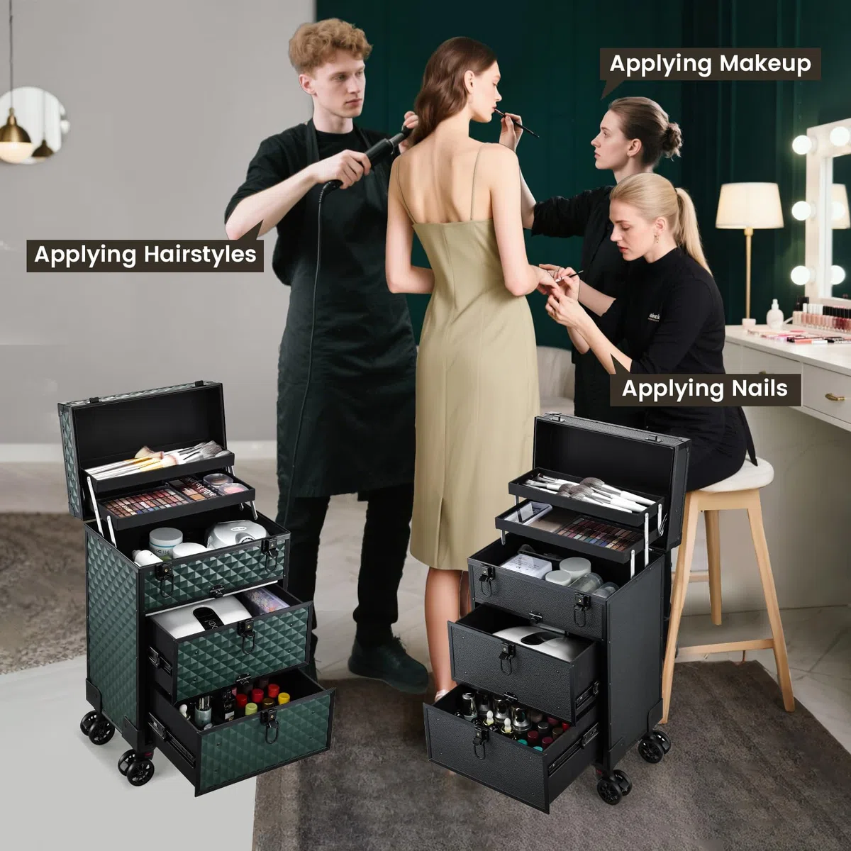 Kosmetikkoffer Kosmetik Trolley mit 2 Schubladen Friseurkoffer Groß Nageldesign Koffer Werkzugkoffer Ngaelkoffer Make up Koffer mit Rollen Schminkkoffer Abschließbarer,Schwarz