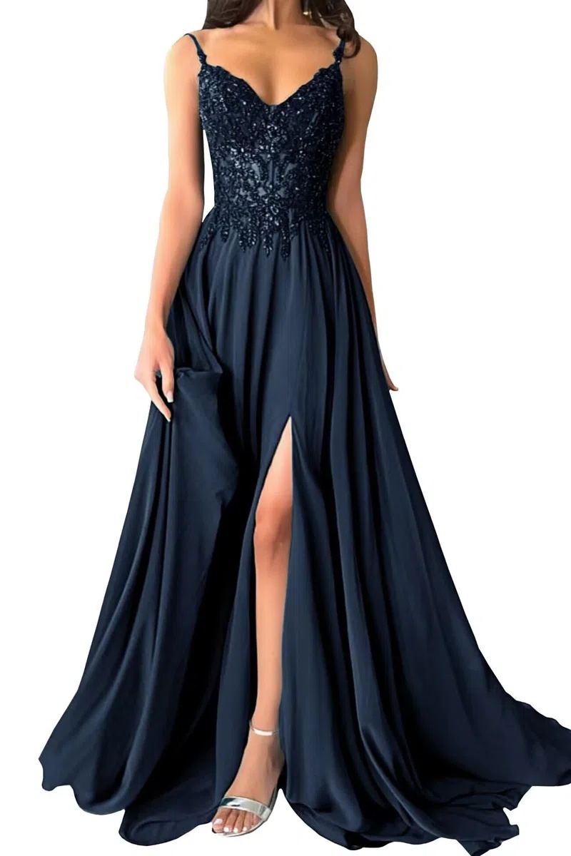 Damen Chiffon Ballkleider Lang V-Ausschnitt Spitzenapplikationen Brautjungfernkleid A-Linie Abendkleider mit Schlitz