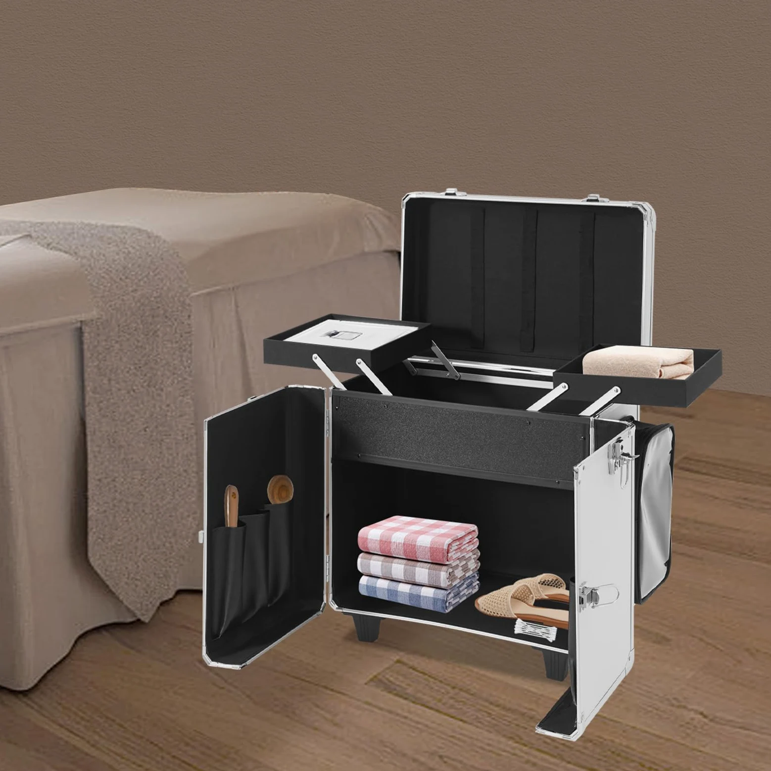 46 x 29 x 42 cm Fußpflegekoffer tragbarer Werkzeugkoffer mobiler Fußpflegekoffer mit Rollen und Schlössern Rollkoffer für Fußpflege und Nageldesign