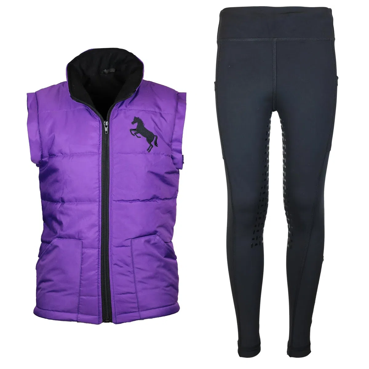 Reitset Kinder Reitweste Pia Lila gesteppt mit Silikon-Vollbesatz Reitleggings Schwarz