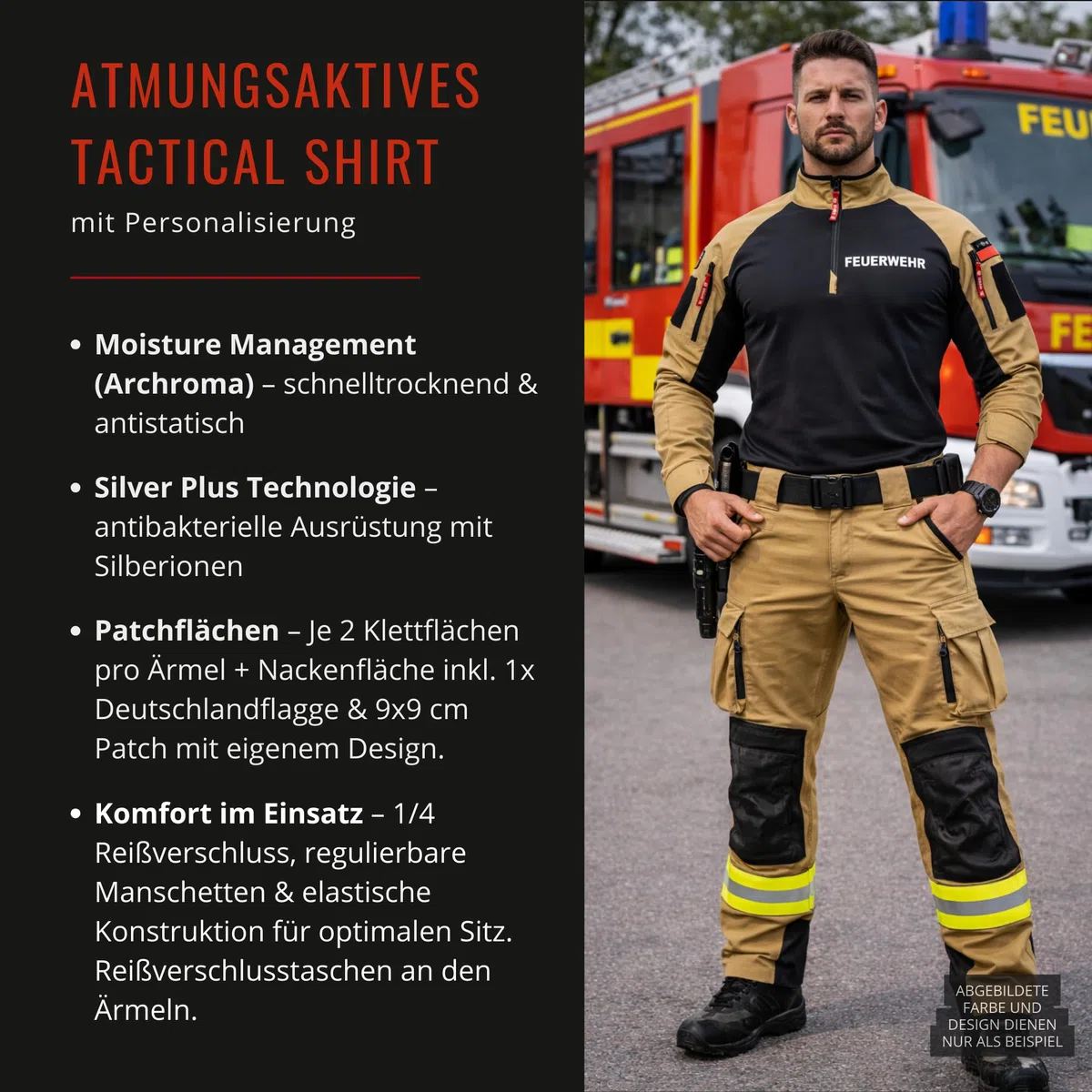 Feuerwehr Shirt Herren Langarm Tactical – Personalisiert Combat Shirt mit Patch, 1/4 Zip & Reißverschlusstaschen